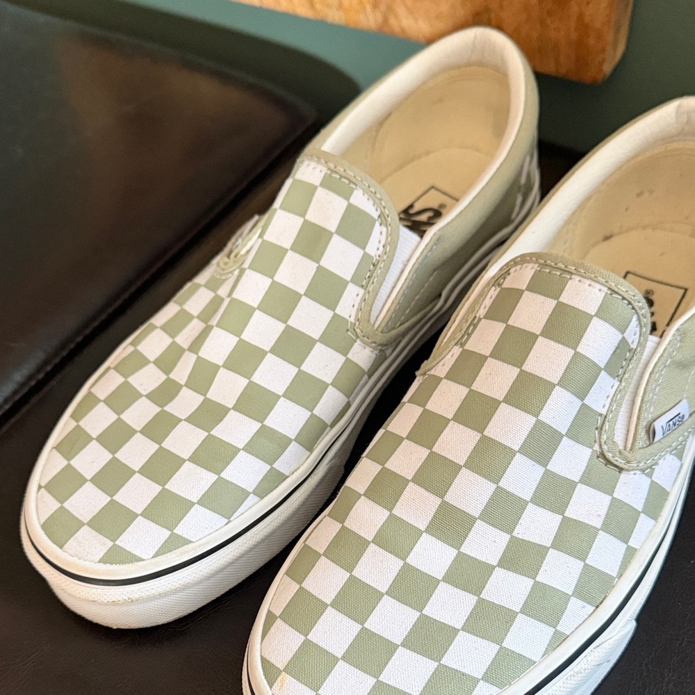 Vans Mint Green and White Checkered Slip-Ons